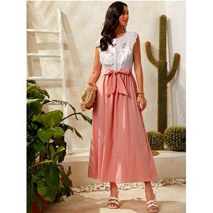 Shein Floral Embroidered Button Front Ruffle Trim Belted Dress | S